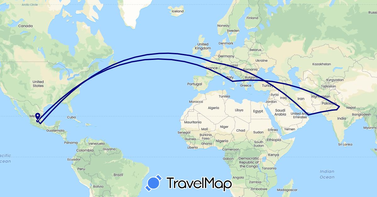 TravelMap itinerary: driving in France, India, Italy, Mexico, Oman (Asia, Europe, North America)